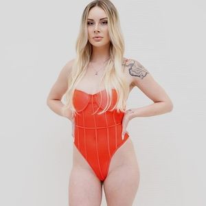 Brand new red see through bodysuit gold chainstrap
